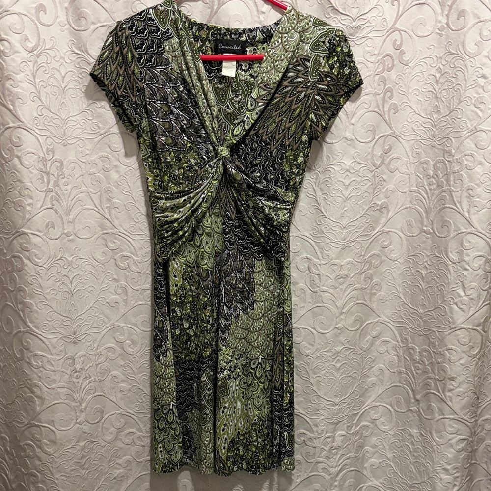 Connected Apparel Green and Black Patterned Mini Dress
